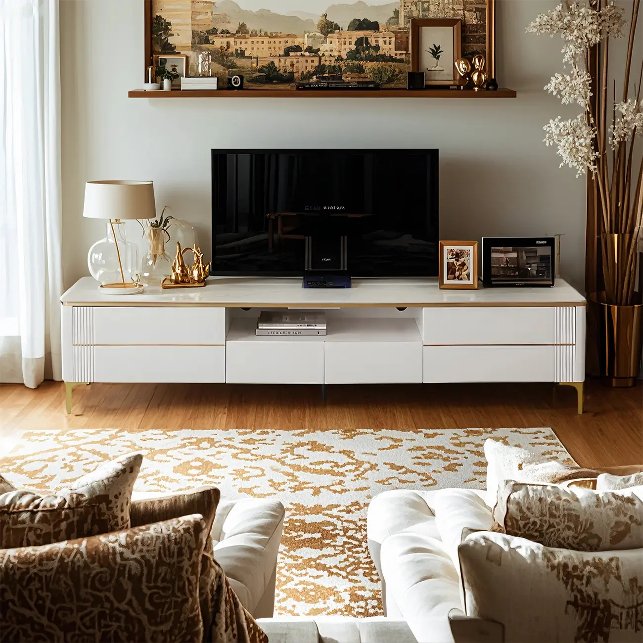 Stylish Stone Mueble Para TV Stand with Open Storage & Drawers Image - 1 | homeyfad