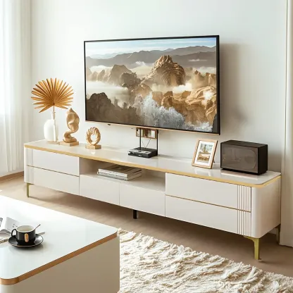 Stylish Stone Mueble Para TV Stand with Open Storage & Drawers Image - 2