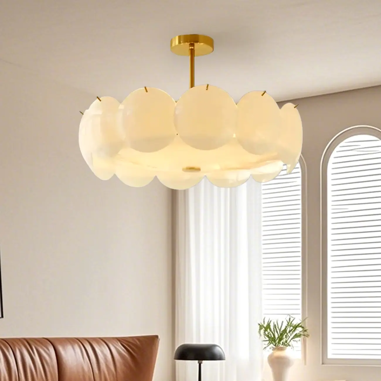 White Circle Glass Gold Semi Flush Mount Ceiling Light Image - 1 | homeyfad