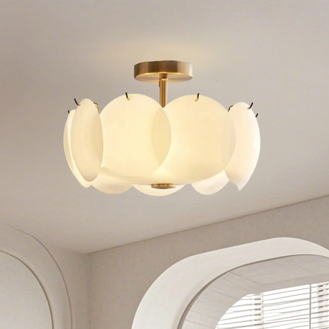 White Circle Glass Gold Semi Flush Mount Ceiling Light Image - 2 | homeyfad