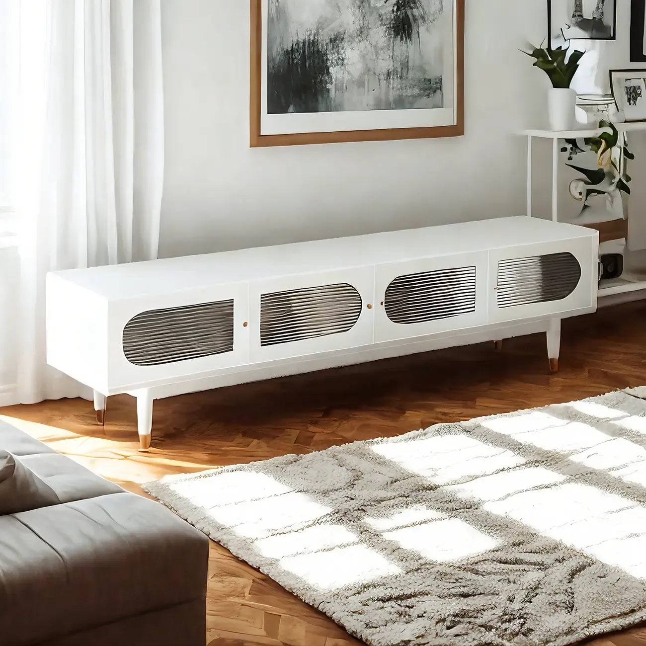 Contemporary Black Wooden TV Stand with Adjustable Shelves Image - 1