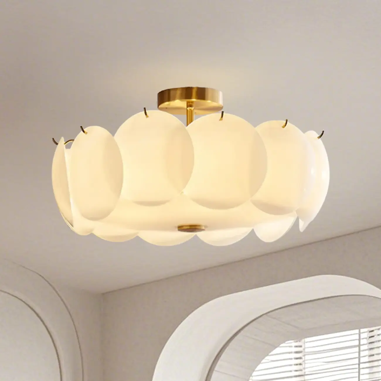 White Circle Glass Gold Semi Flush Mount Ceiling Light Image - 3 | homeyfad