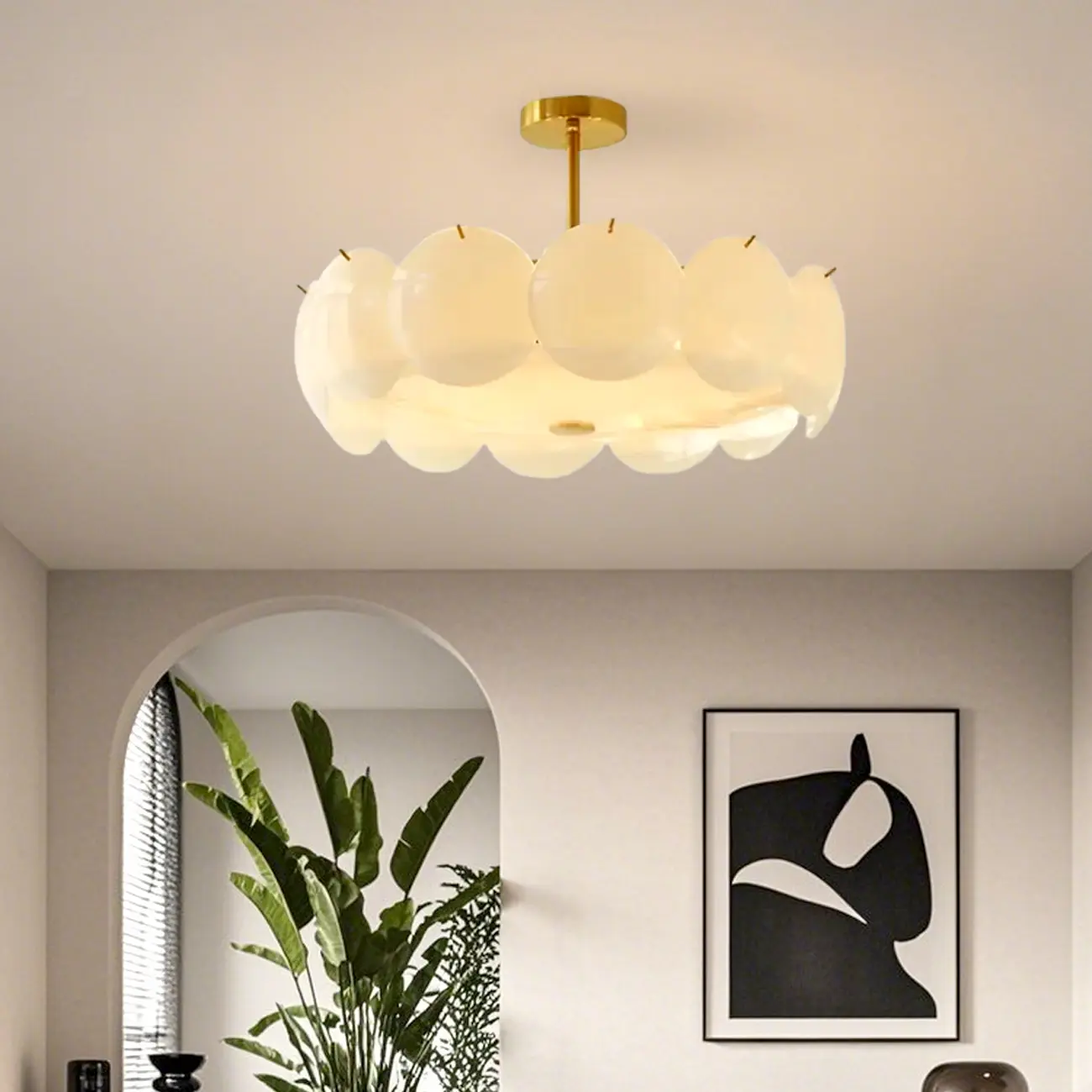 White Circle Glass Gold Semi Flush Mount Ceiling Light Image - 4 | homeyfad