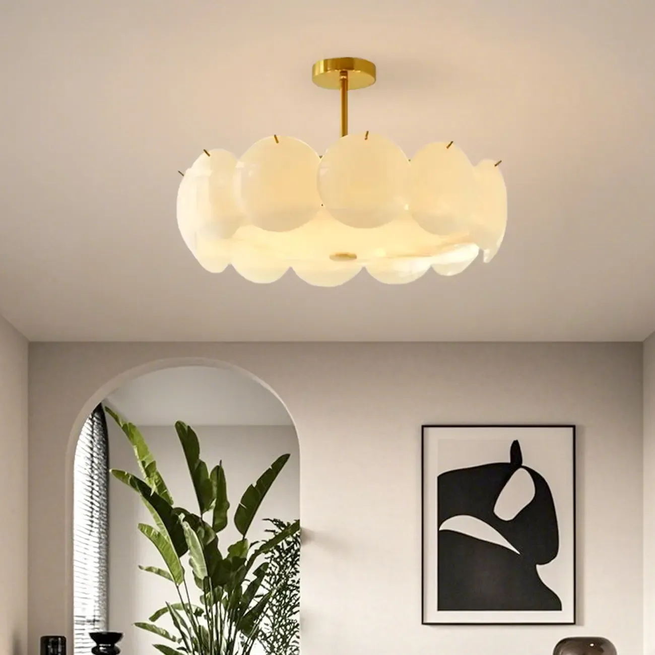 White Circle Glass Gold Semi Flush Mount Ceiling Light Image - 4