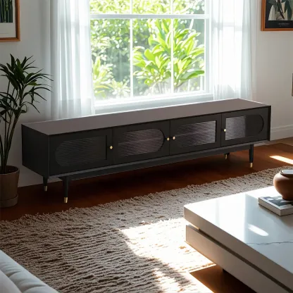Contemporary Black Wooden TV Stand with Adjustable Shelves Image - 2