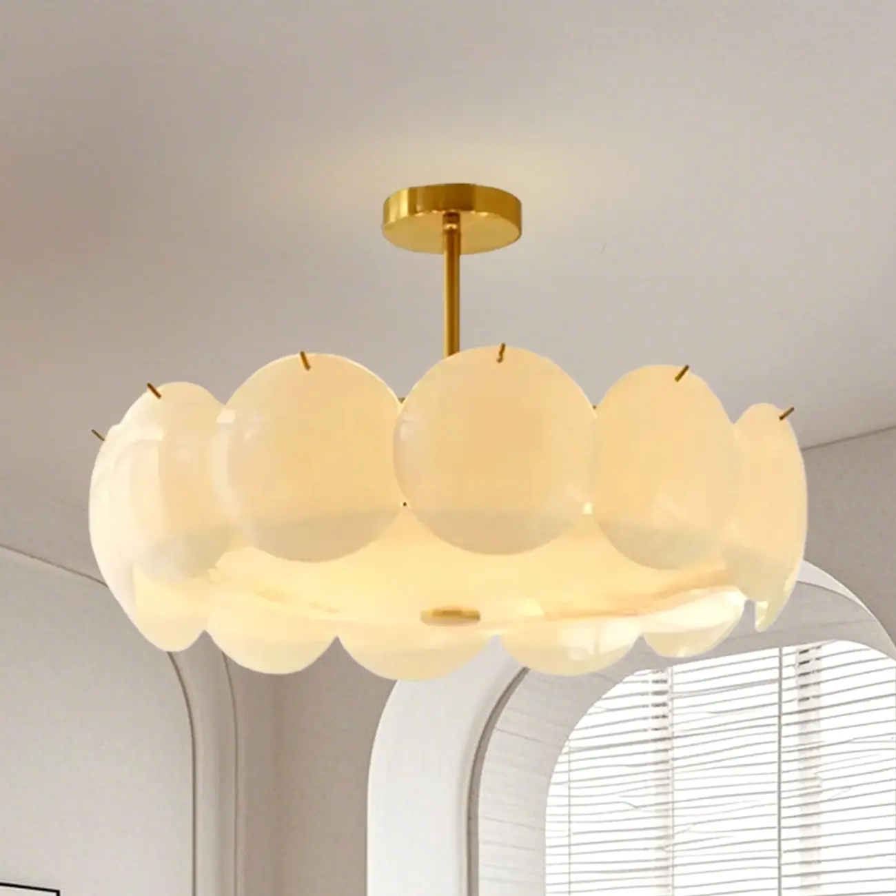 White Circle Glass Gold Semi Flush Mount Ceiling Light Image - 5 | homeyfad