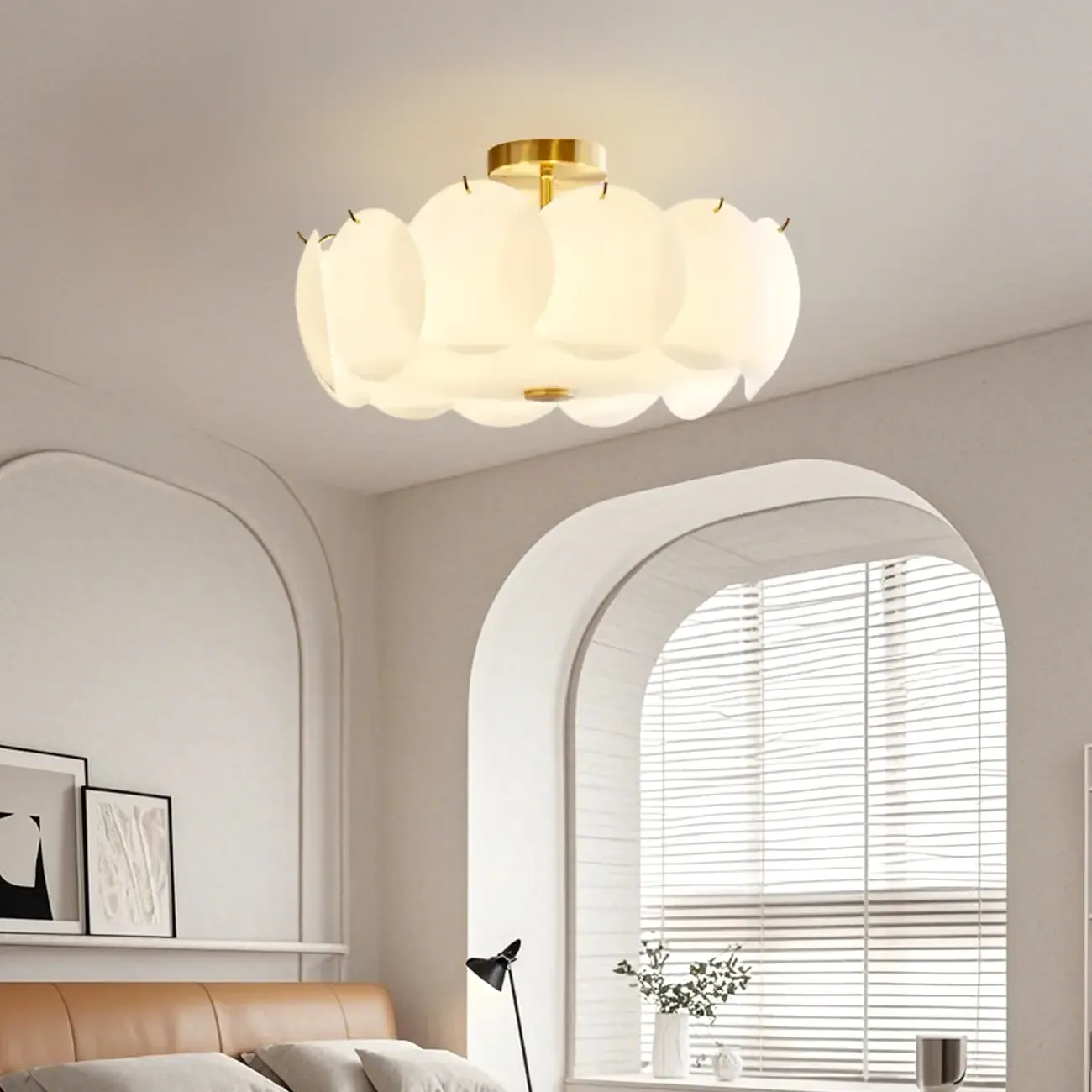 White Circle Glass Gold Semi Flush Mount Ceiling Light Image - 6