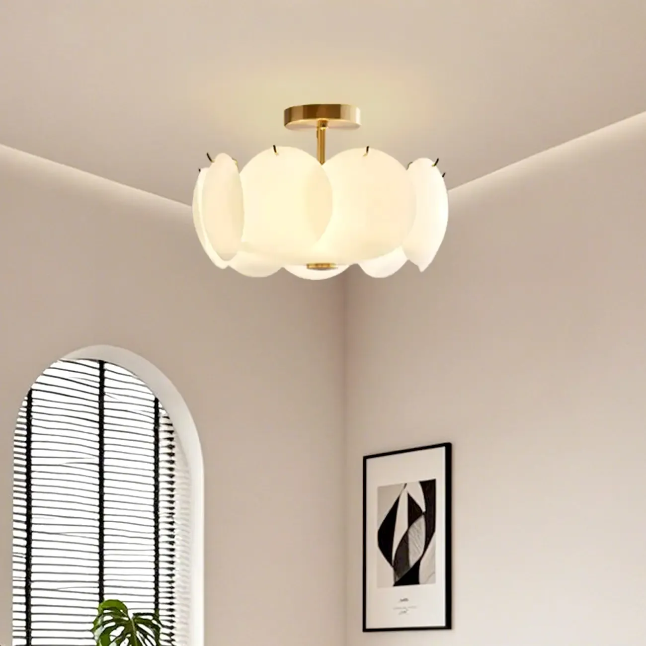 White Circle Glass Gold Semi Flush Mount Ceiling Light Image - 7