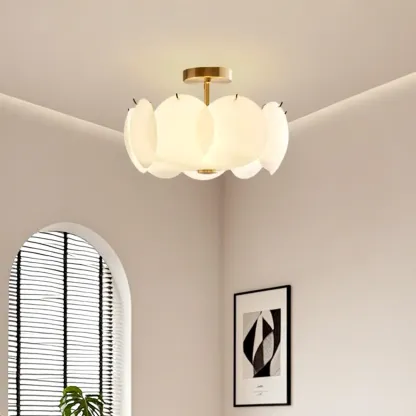 White Circle Glass Gold Semi Flush Mount Ceiling Light Image - 7