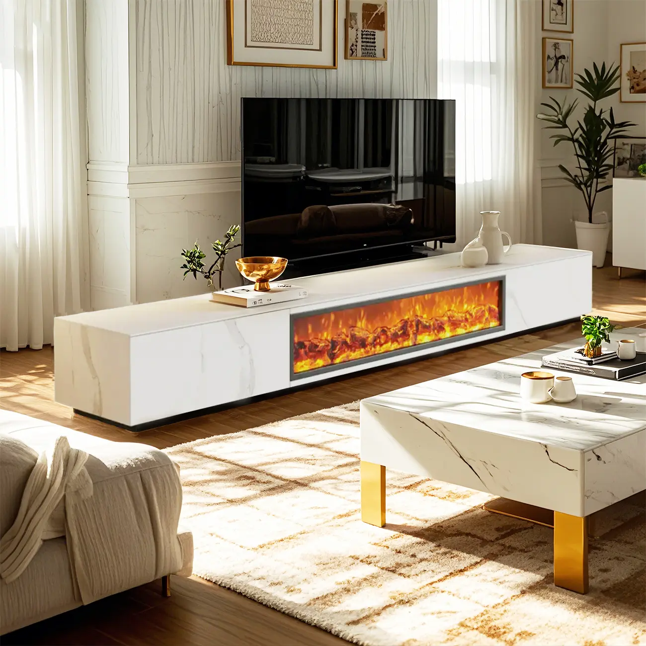 Modern Stone Fireplace TV Stand with Lighting for Living Room Image - 1 | homeyfad