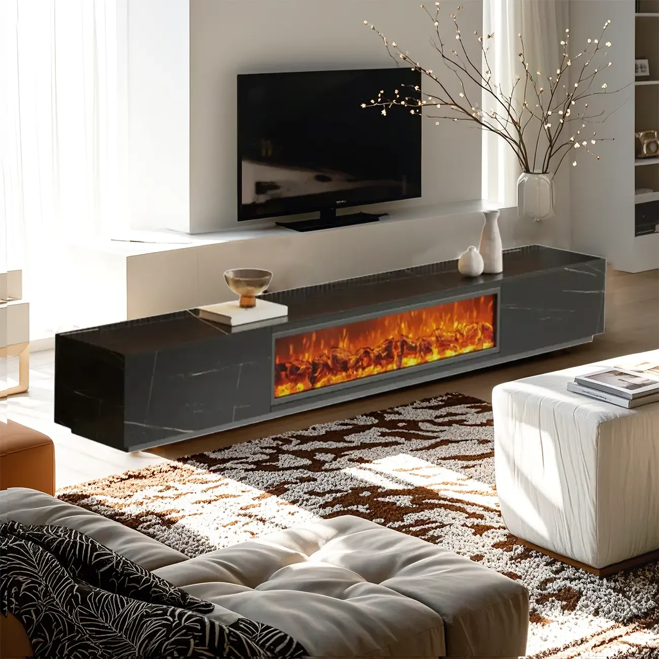 Modern Stone Fireplace TV Stand with Lighting for Living Room Image - 2