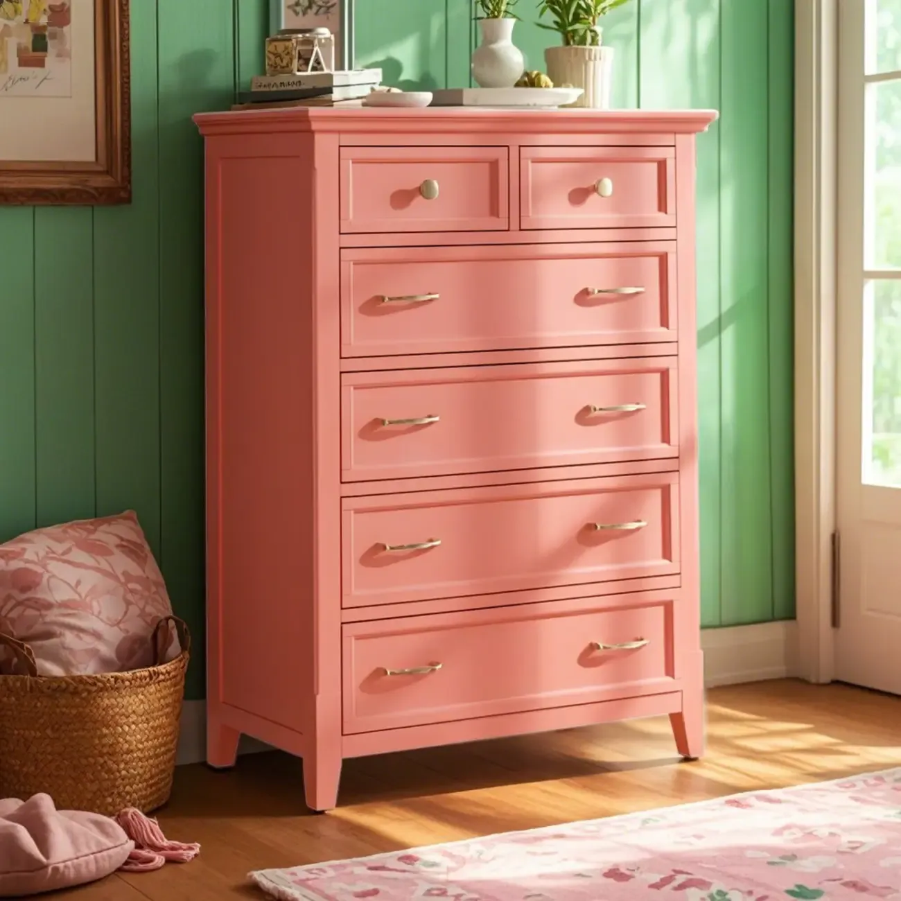 Elegant Wooden Dresser in Green Color with Storage Image - 2