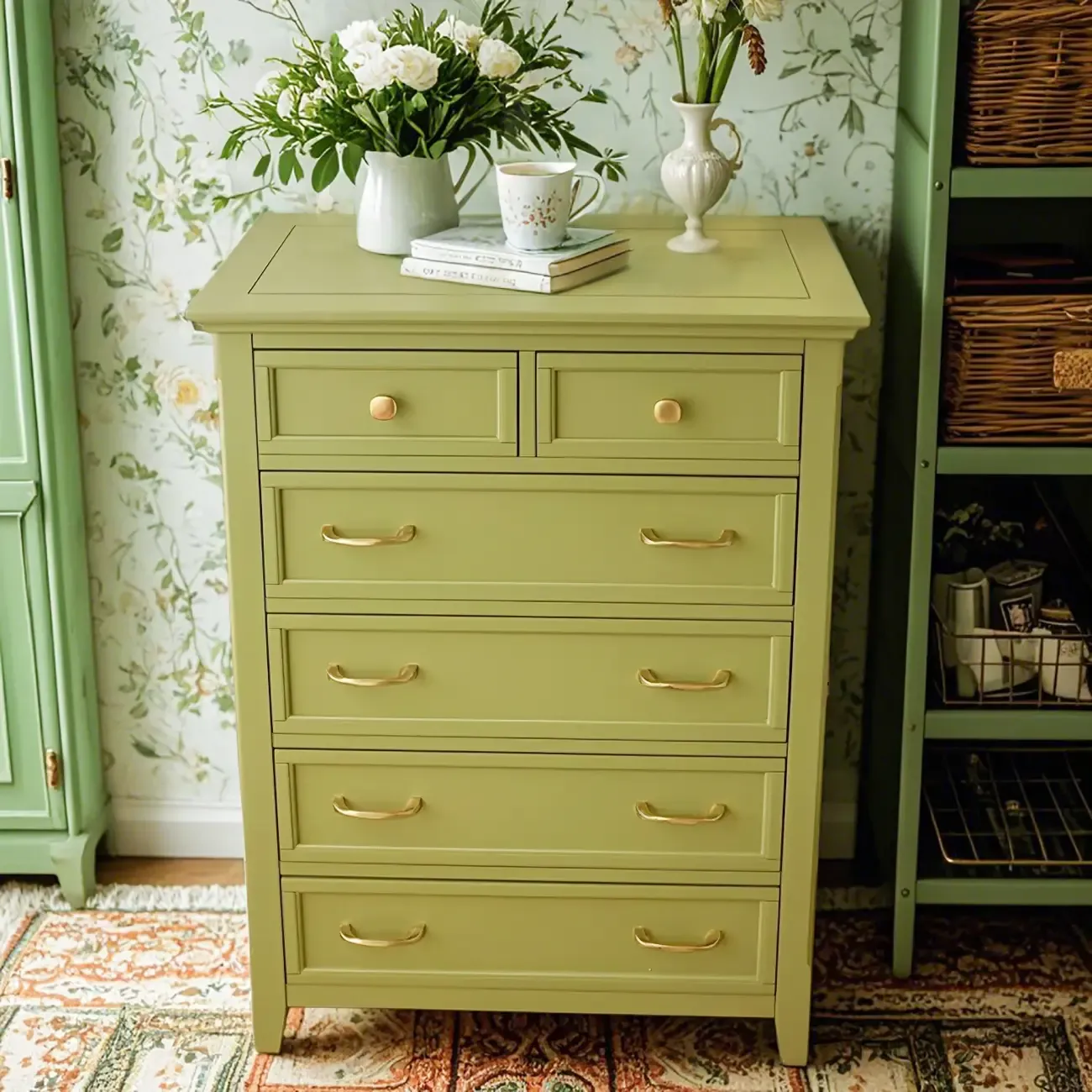 Elegant Wooden Dresser in Green Color with Storage Image - 4