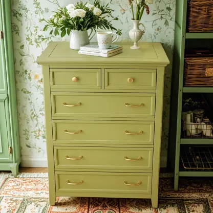 Elegant Wooden Dresser in Green Color with Storage Image - 4
