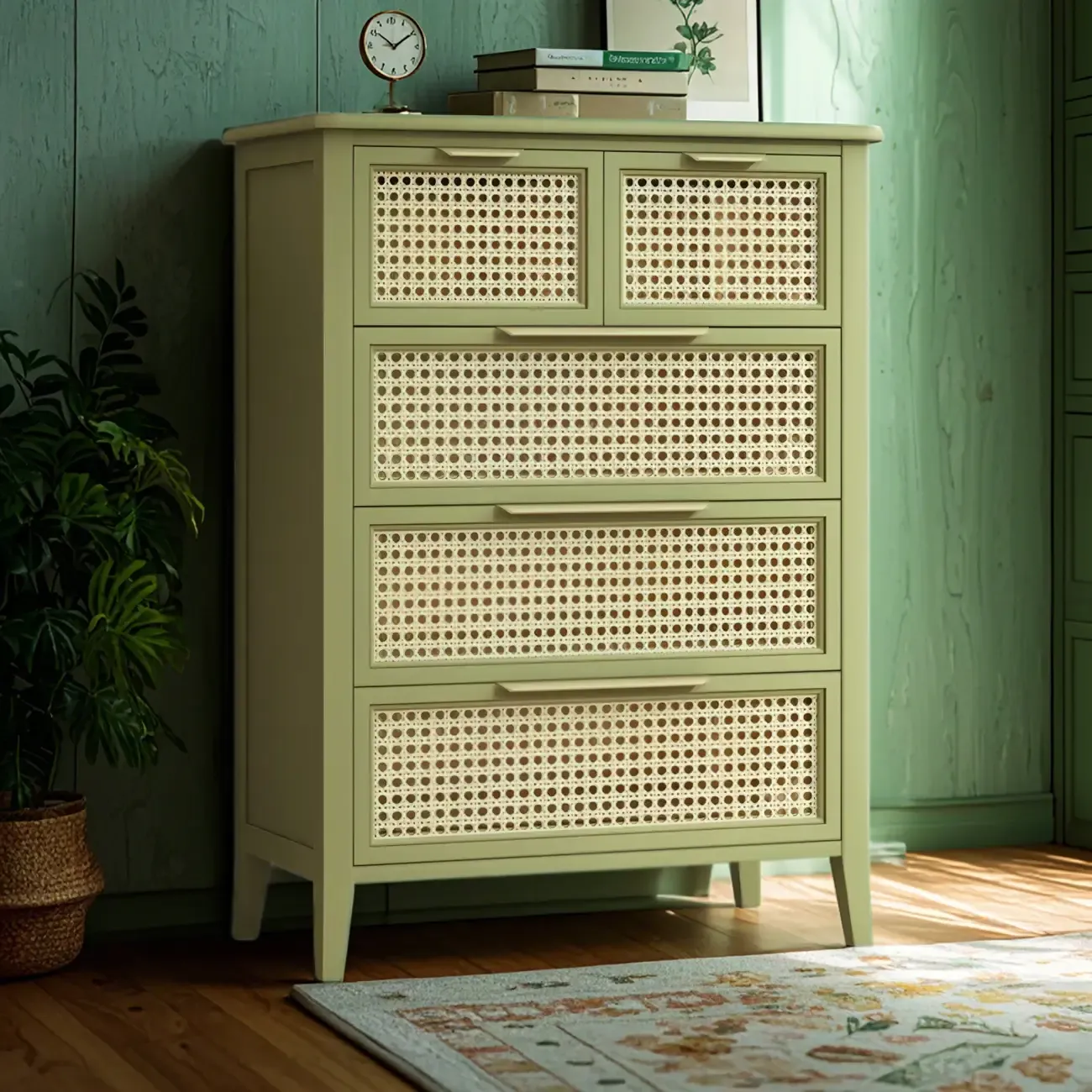 Elegant Wooden Dresser in Green Color with Storage Image - 6