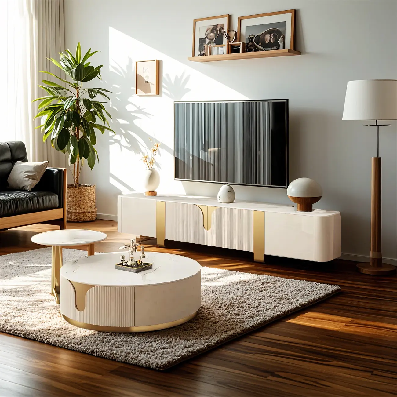 Minimalist Stone TV Stand with Gold Accents for Living Room Use Image - 2 | homeyfad
