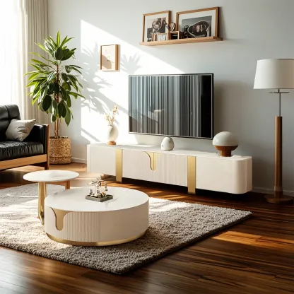 Minimalist Stone TV Stand with Gold Accents for Living Room Use Image - 2