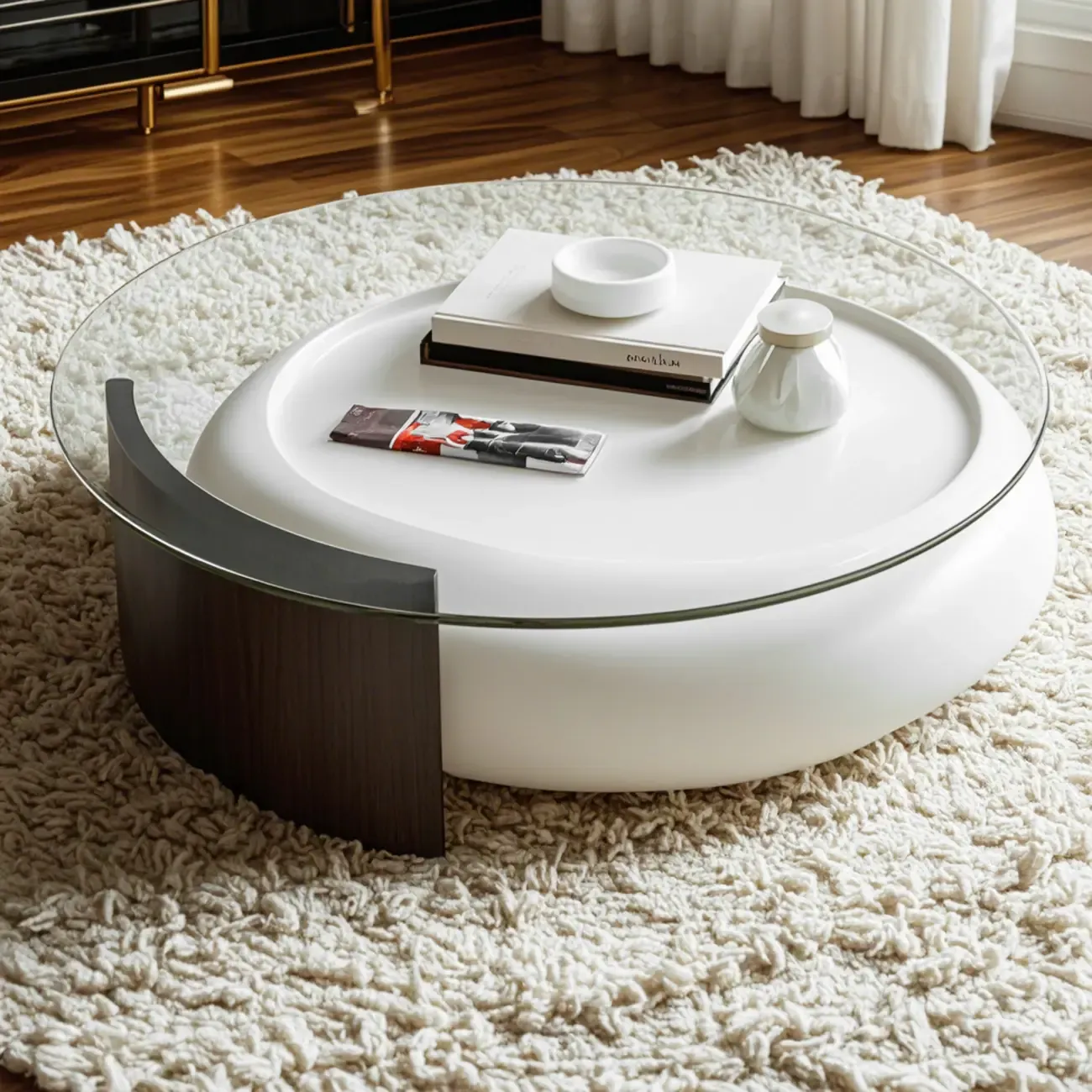 Scandinavian Swivel Glass Coffee Table with Storage, Casters  Image - 4
