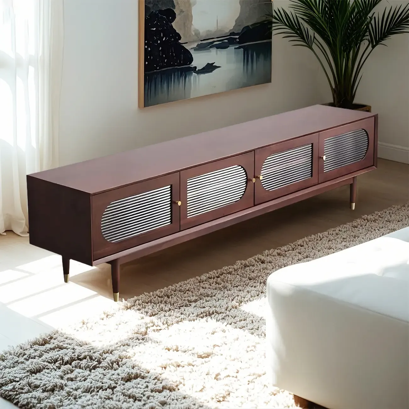 Contemporary Black Wooden TV Stand with Adjustable Shelves Image - 3