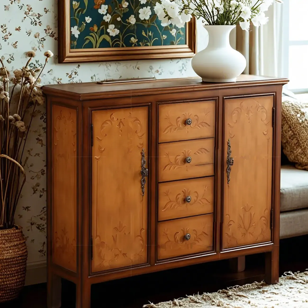 Traditional Wooden Dresser with Floral Design for Bedroom Image - 4