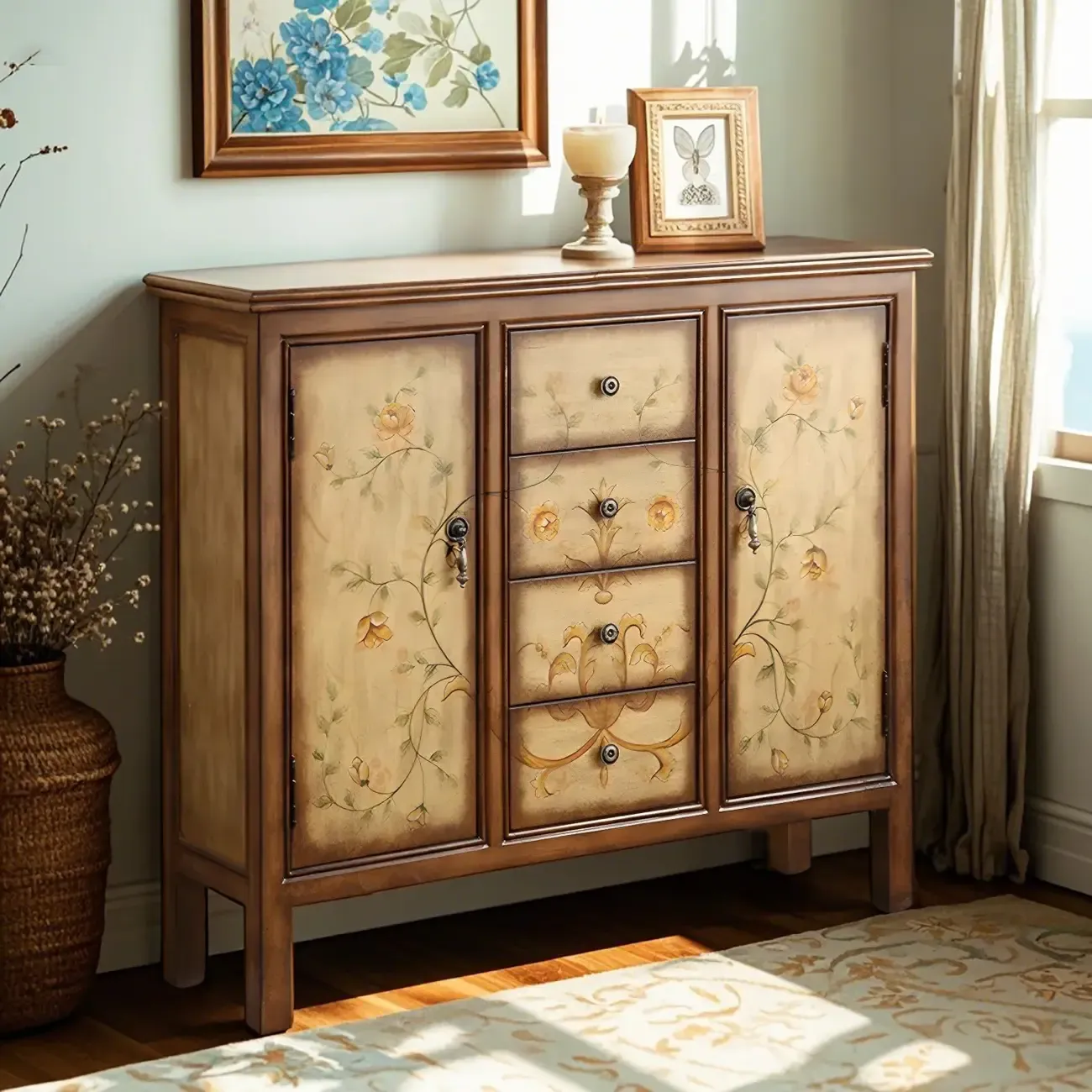 Traditional Wooden Dresser with Floral Design for Bedroom Image - 1