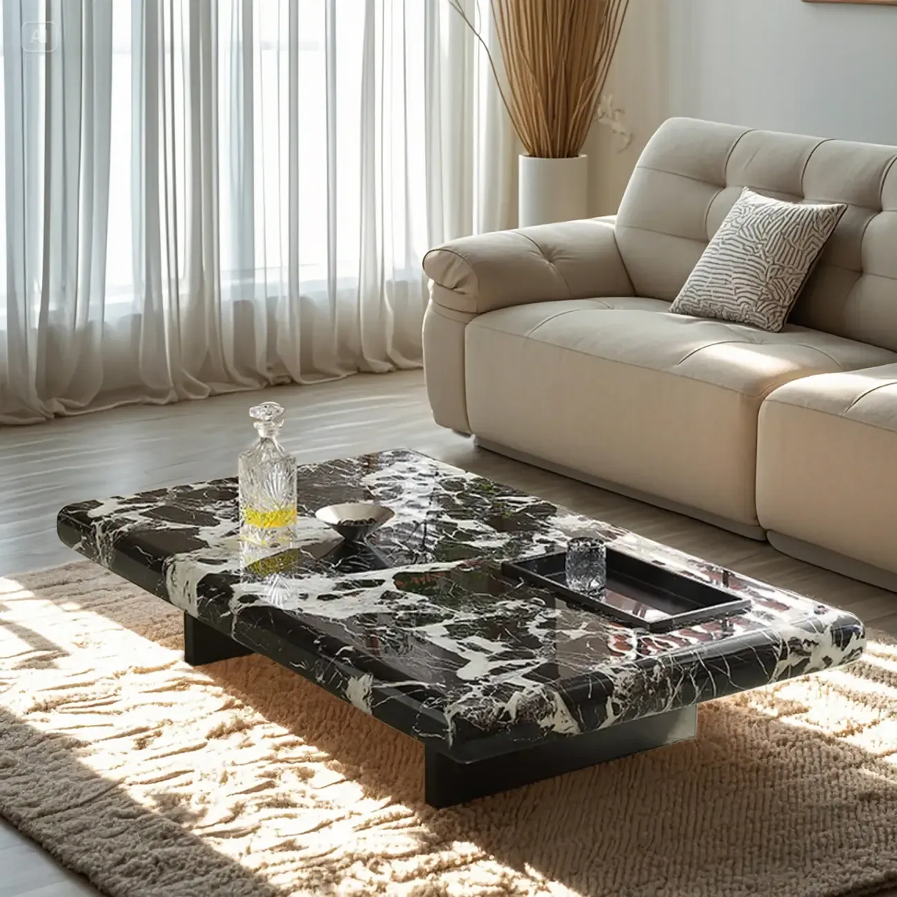 Modern Marble Black Rectangular Sleigh Coffee Table Image - 1