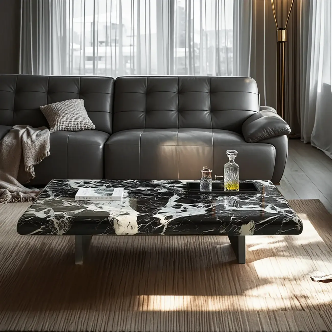 Modern Marble Black Rectangular Sleigh Coffee Table Image - 2
