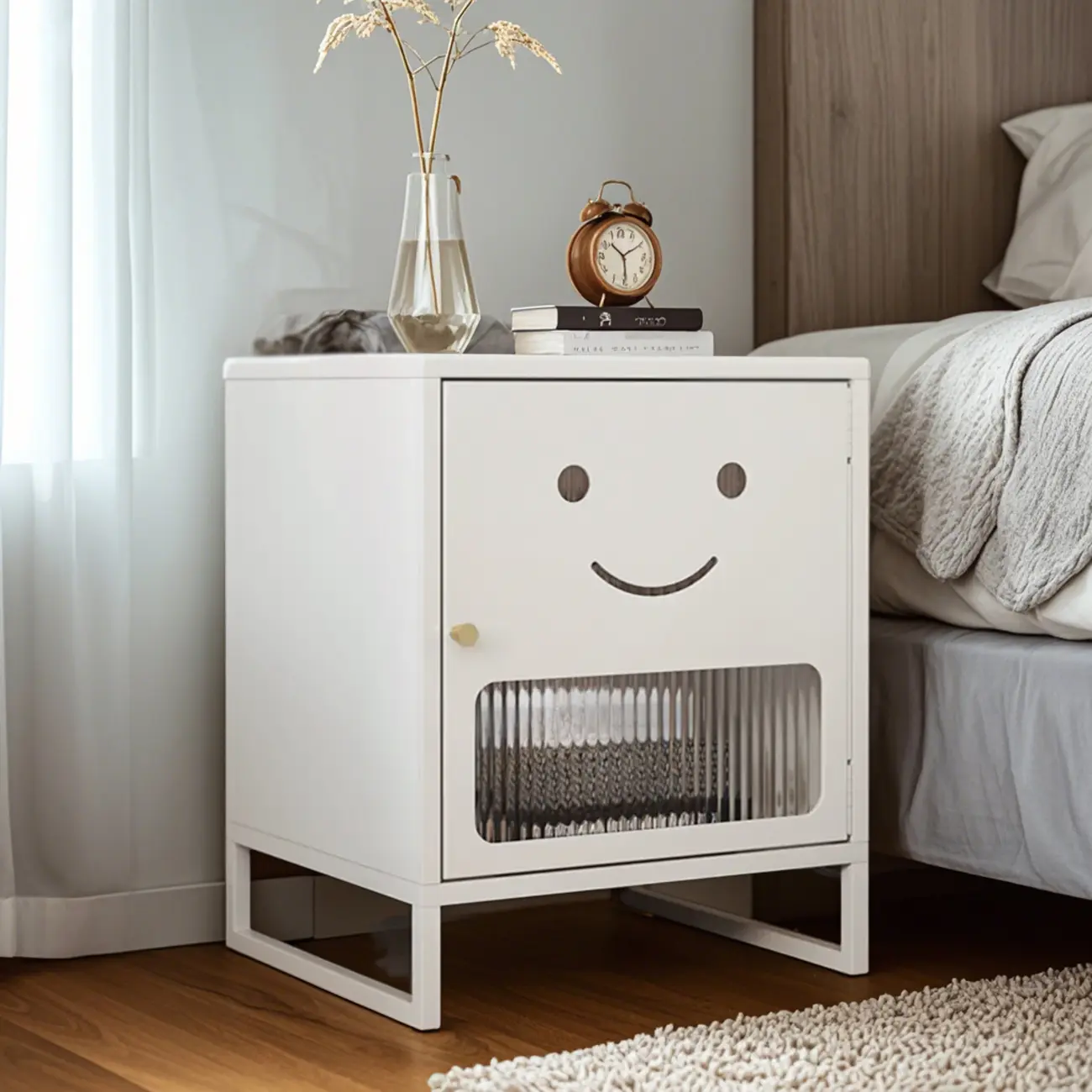 Modern Cream Metal Bedside Cabinet with Smiley Design  Image - 1 | homeyfad