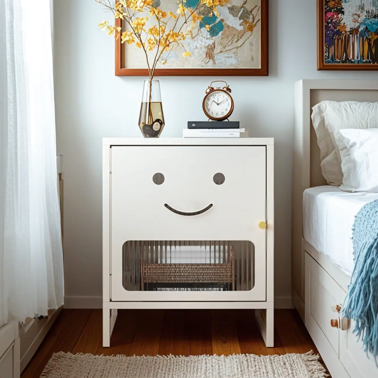 Modern Cream Metal Bedside Cabinet with Smiley Design  Image - 2 | homeyfad