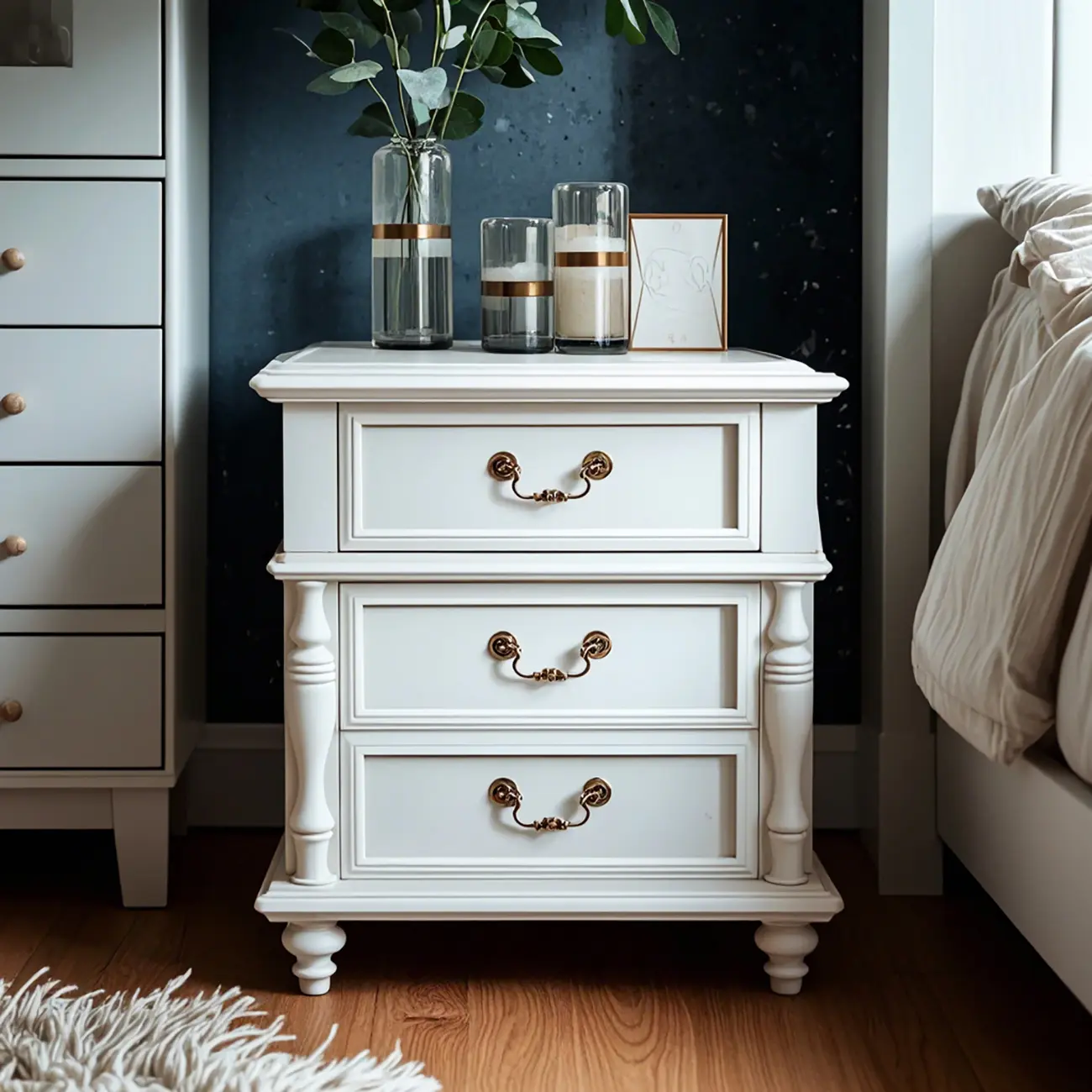 Elegant White Wood Bedside Table with 3 Storage Drawers Image - 1 | homeyfad