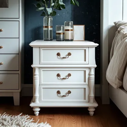 Elegant White Wood Bedside Table with 3 Storage Drawers Image - 1