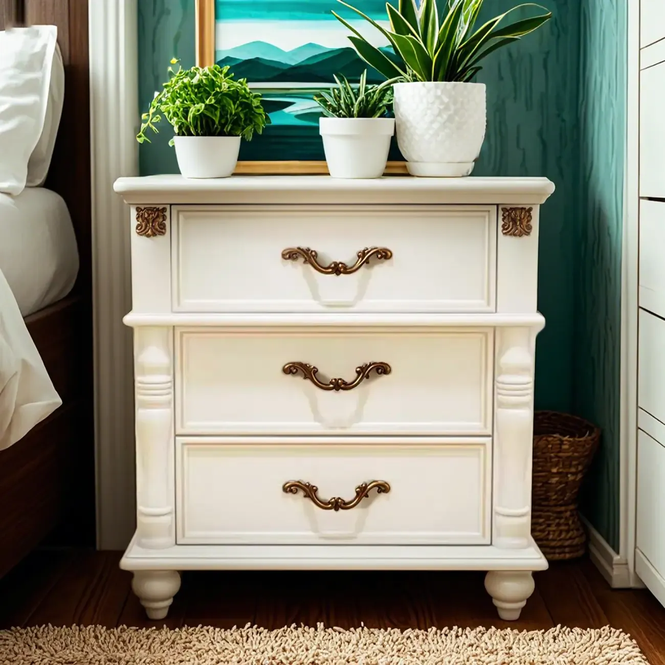 Elegant White Wood Bedside Table with 3 Storage Drawers Image - 4