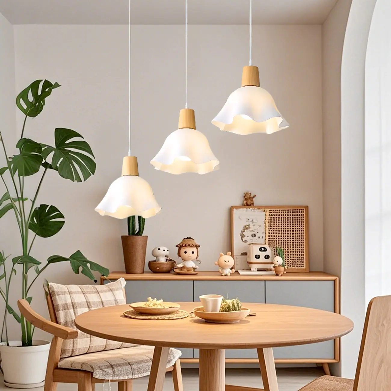 3 Lights Elegant Wooden Island Light with Acrylic Flower Shade Image - 1 | homeyfad