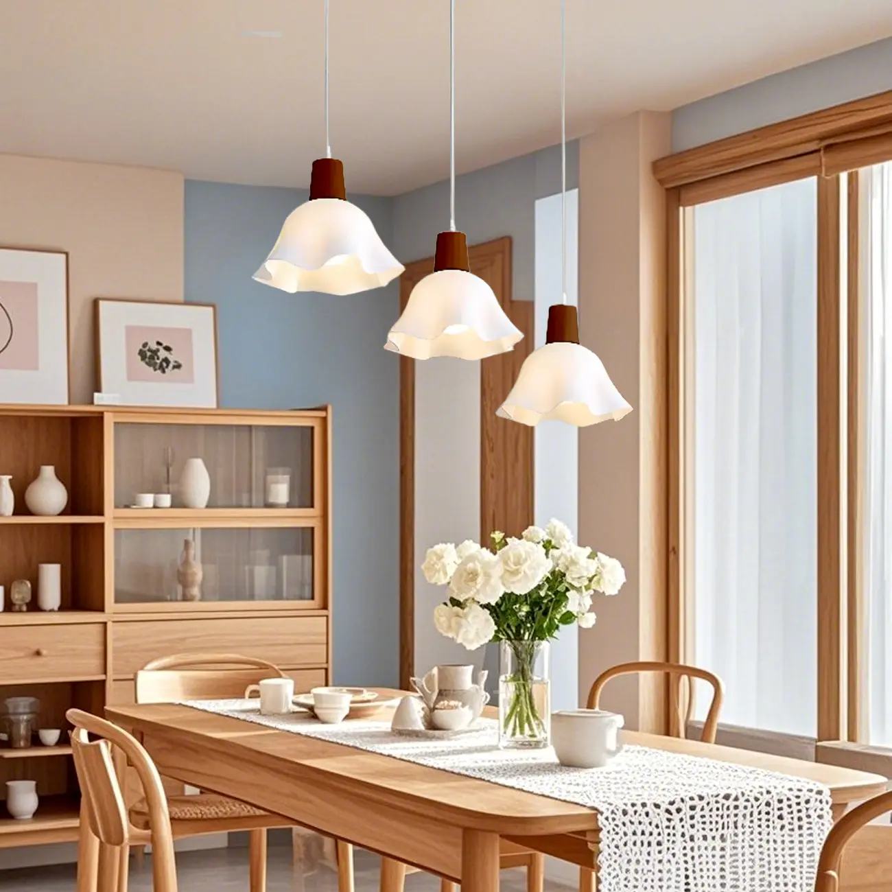 3 Lights Elegant Wooden Island Light with Acrylic Flower Shade Image - 3 | homeyfad