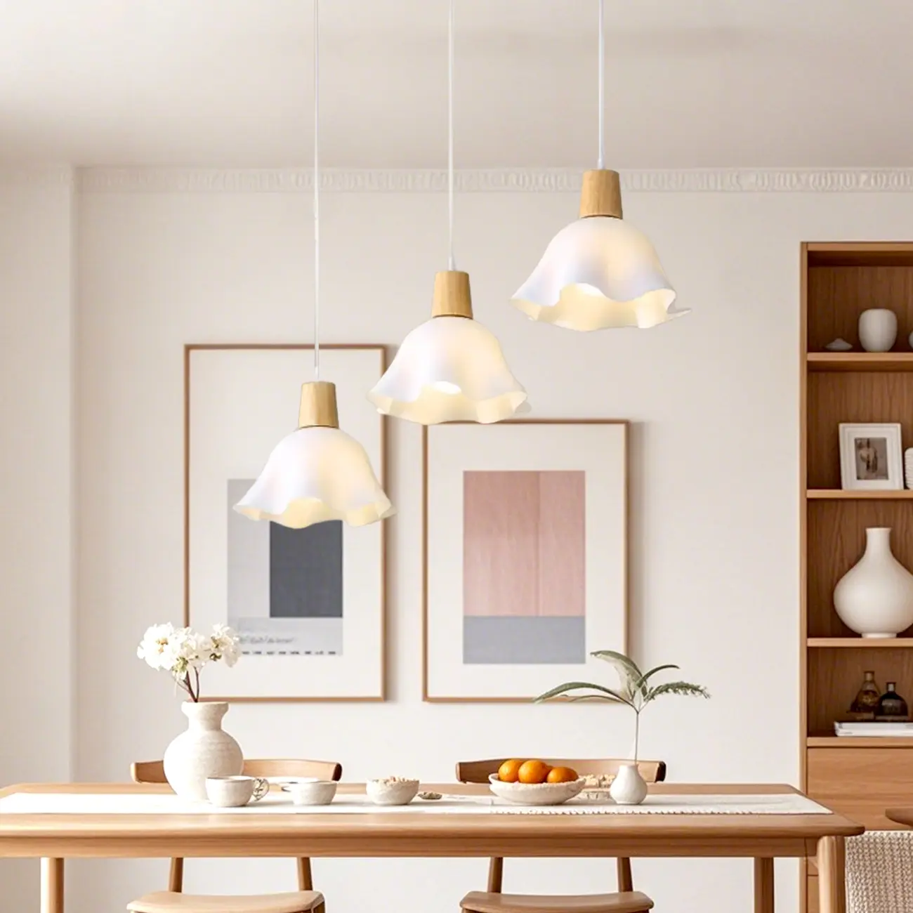 3 Lights Elegant Wooden Island Light with Acrylic Flower Shade Image - 5 | homeyfad