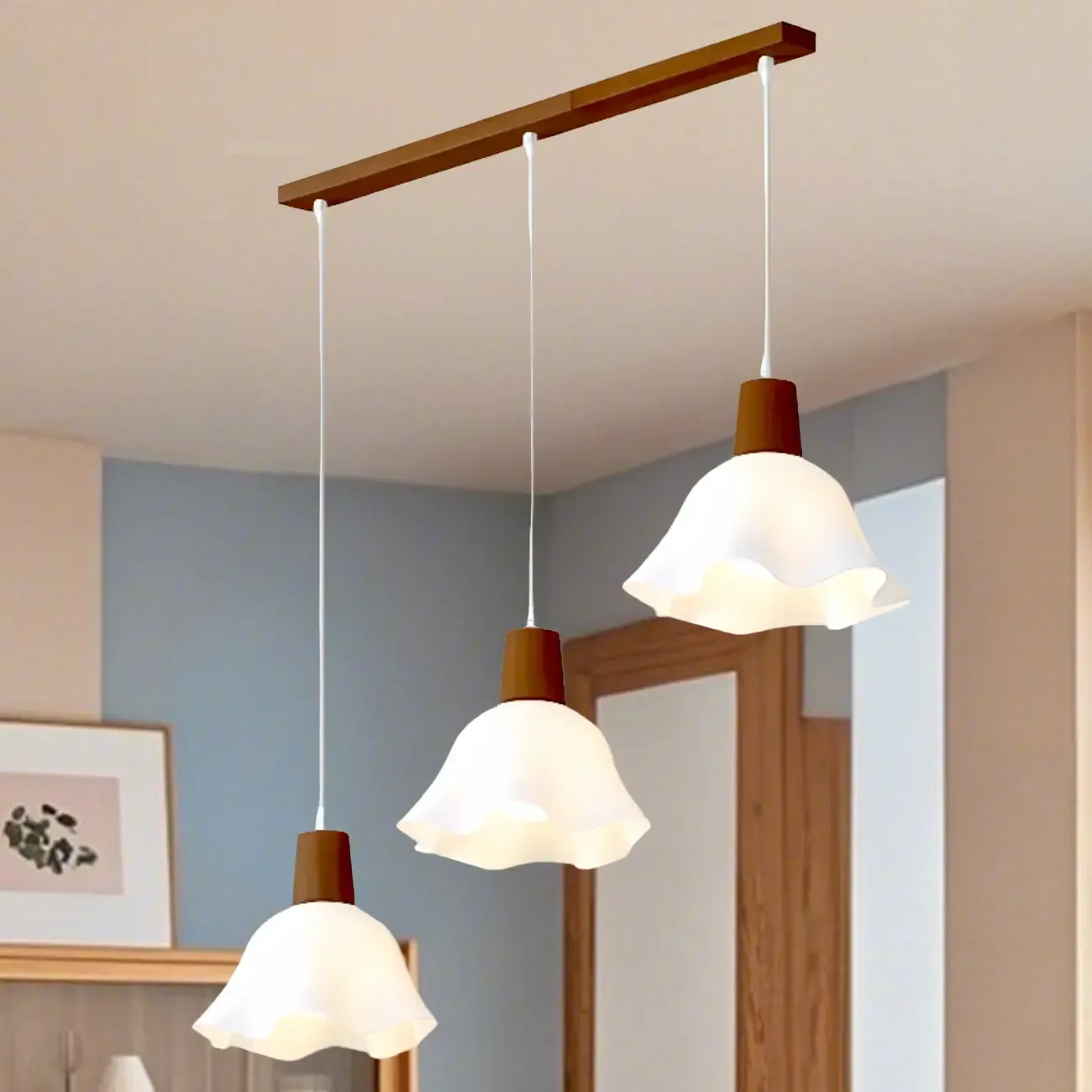 3 Lights Elegant Wooden Island Light with Acrylic Flower Shade Image - 14