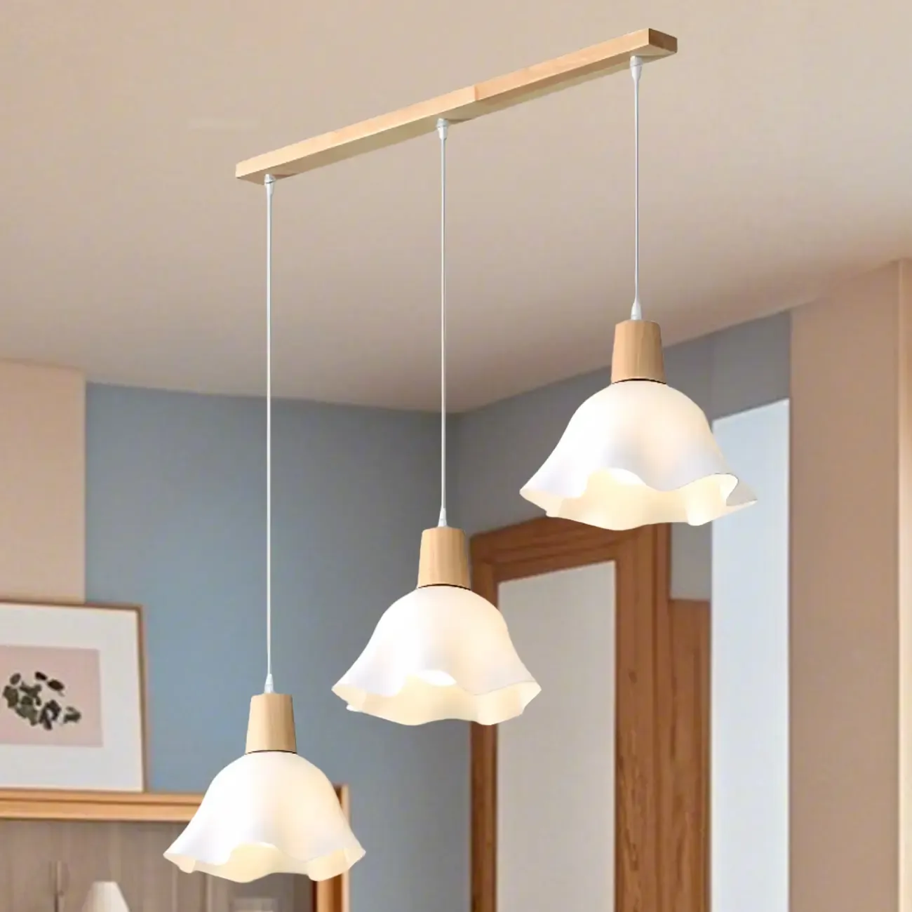 3 Lights Elegant Wooden Island Light with Acrylic Flower Shade Image - 15