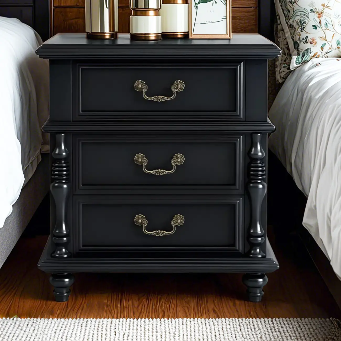 Elegant White Wood Bedside Table with 3 Storage Drawers Image - 3 | homeyfad