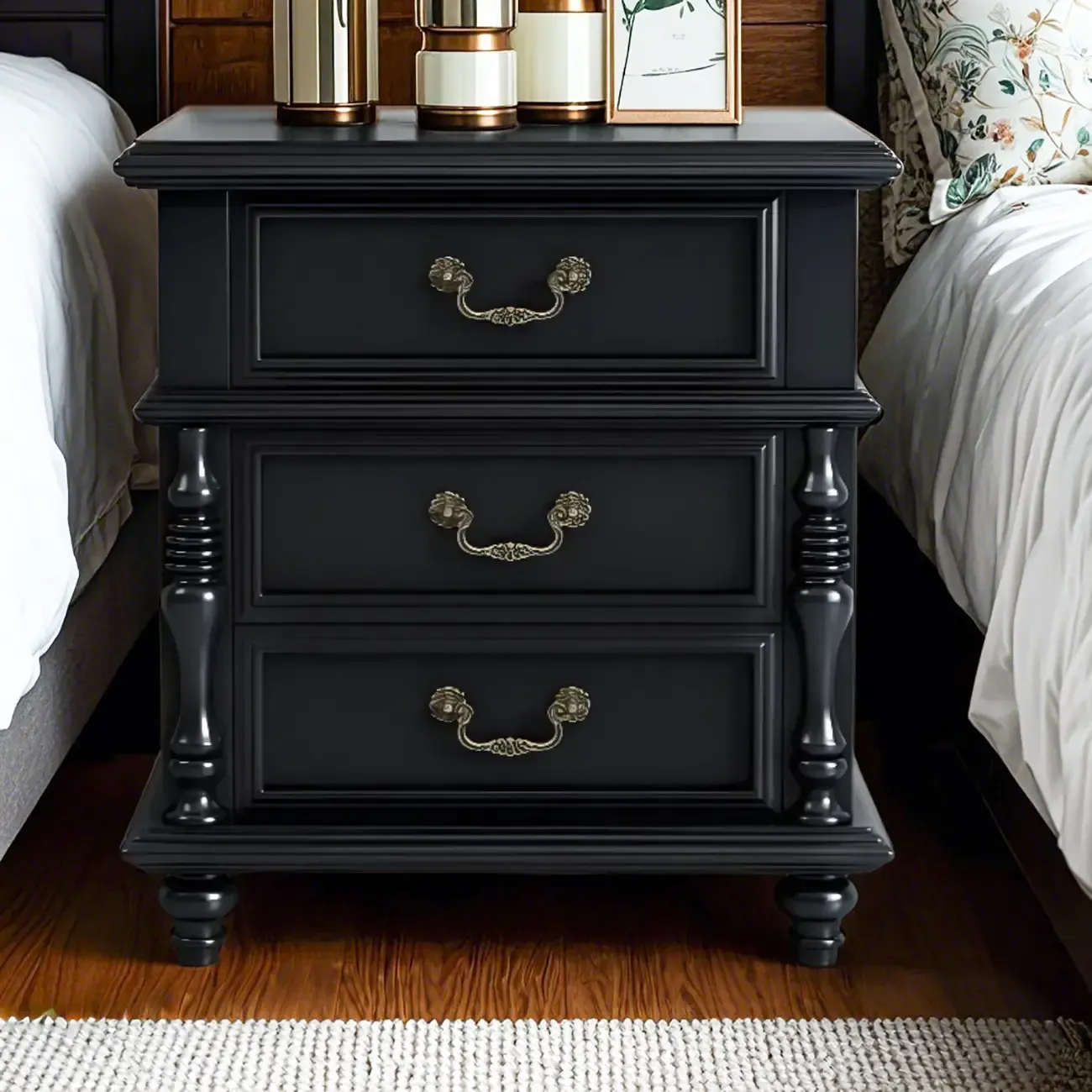 Elegant White Wood Bedside Table with 3 Storage Drawers Image - 3