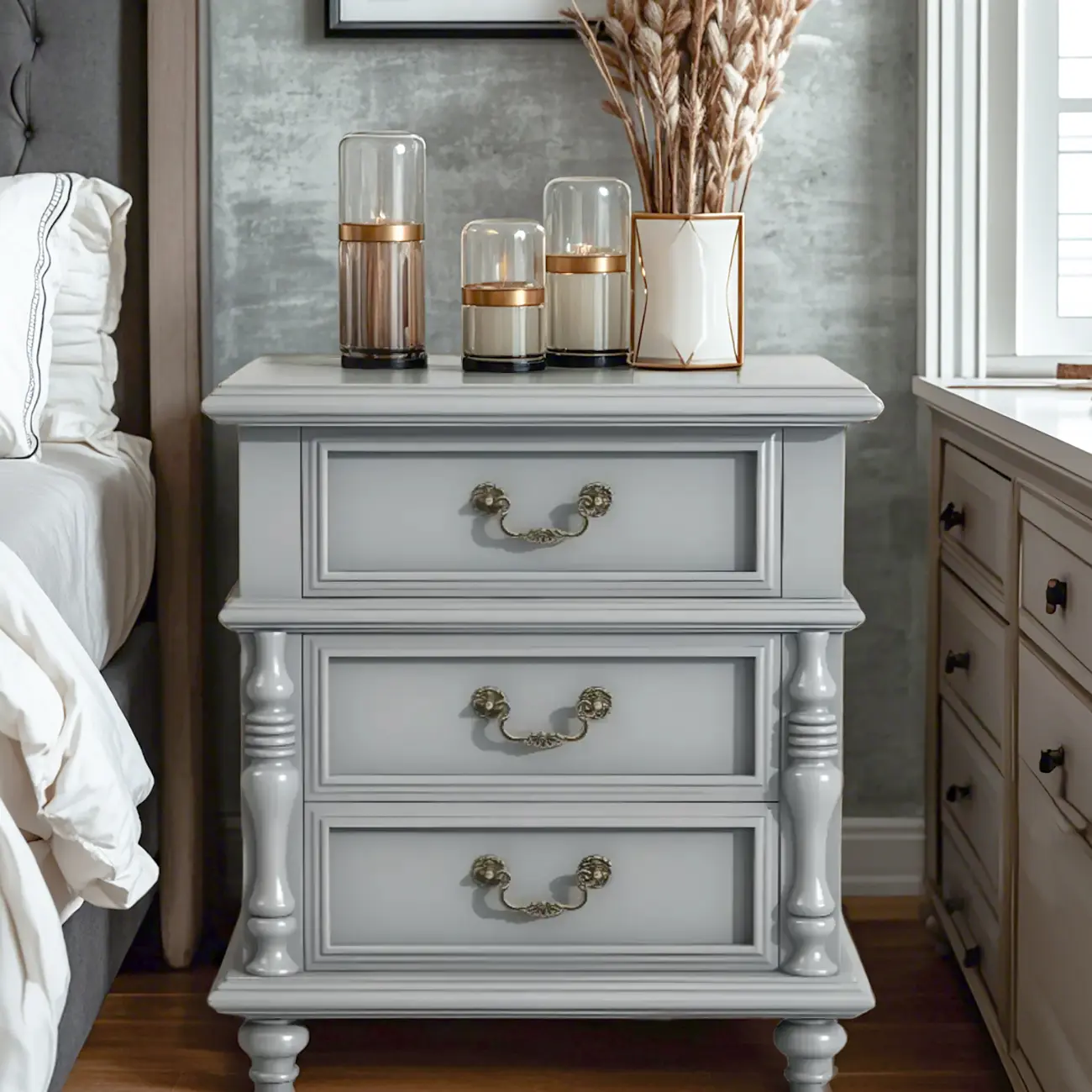 Elegant White Wood Bedside Table with 3 Storage Drawers Image - 2 | homeyfad