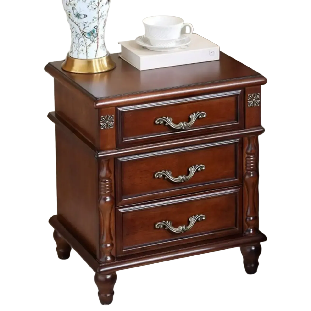Elegant White Wood Bedside Table with 3 Storage Drawers Image - 5