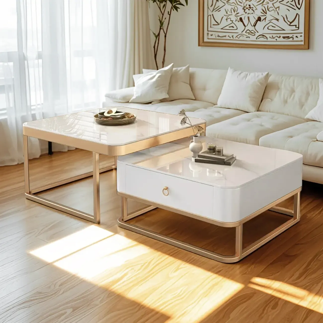 Minimalist Marble Coffee Table with Storage for Living Room Image - 2