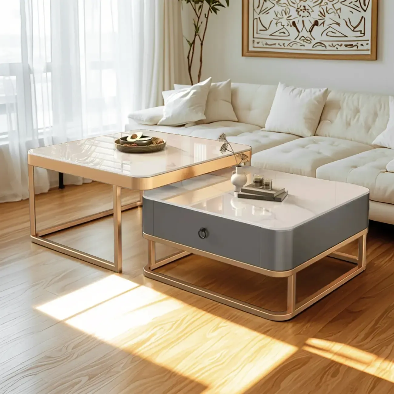 Minimalist Marble Coffee Table with Storage for Living Room Image - 3