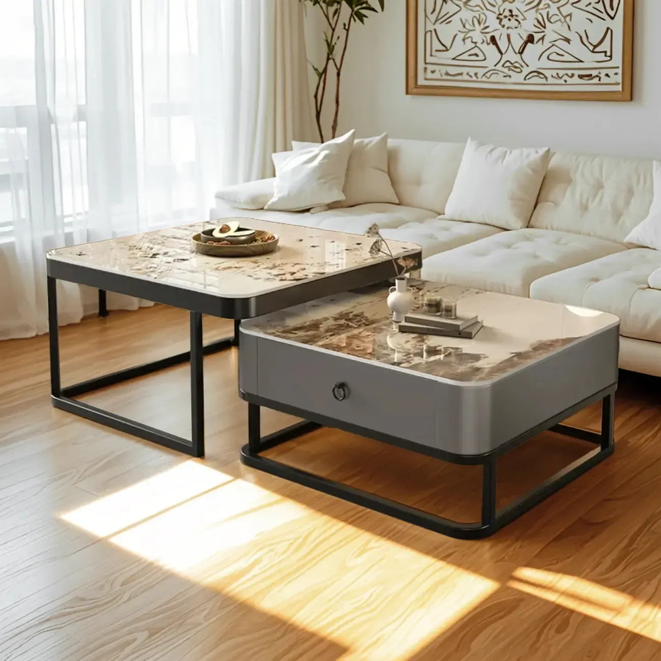 Minimalist Marble Coffee Table with Storage for Living Room Image - 5