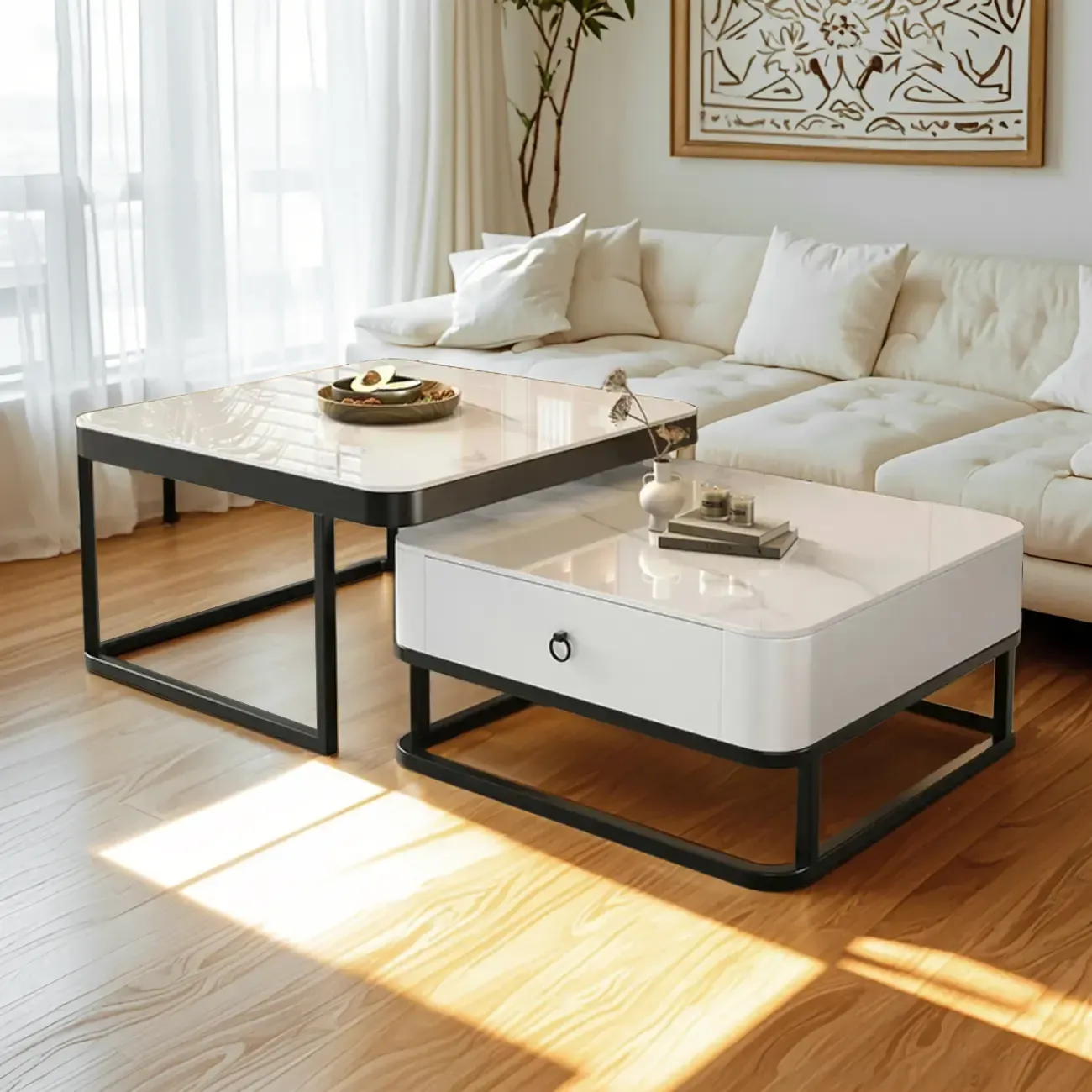 Minimalist Marble Coffee Table with Storage for Living Room Image - 7