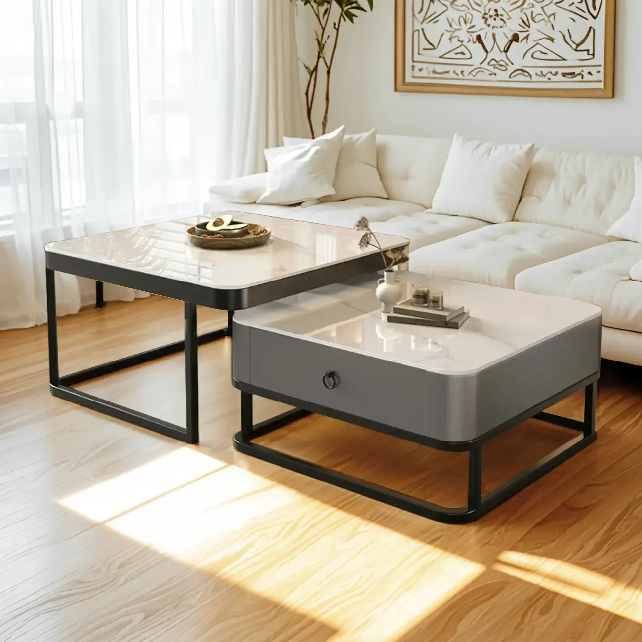 Minimalist Marble Coffee Table with Storage for Living Room Image - 9