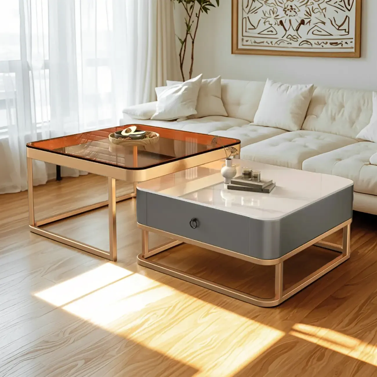 Minimalist Marble Coffee Table with Storage for Living Room Image - 11