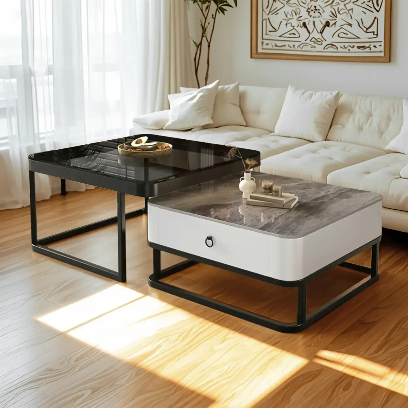 Minimalist Marble Coffee Table with Storage for Living Room Image - 13