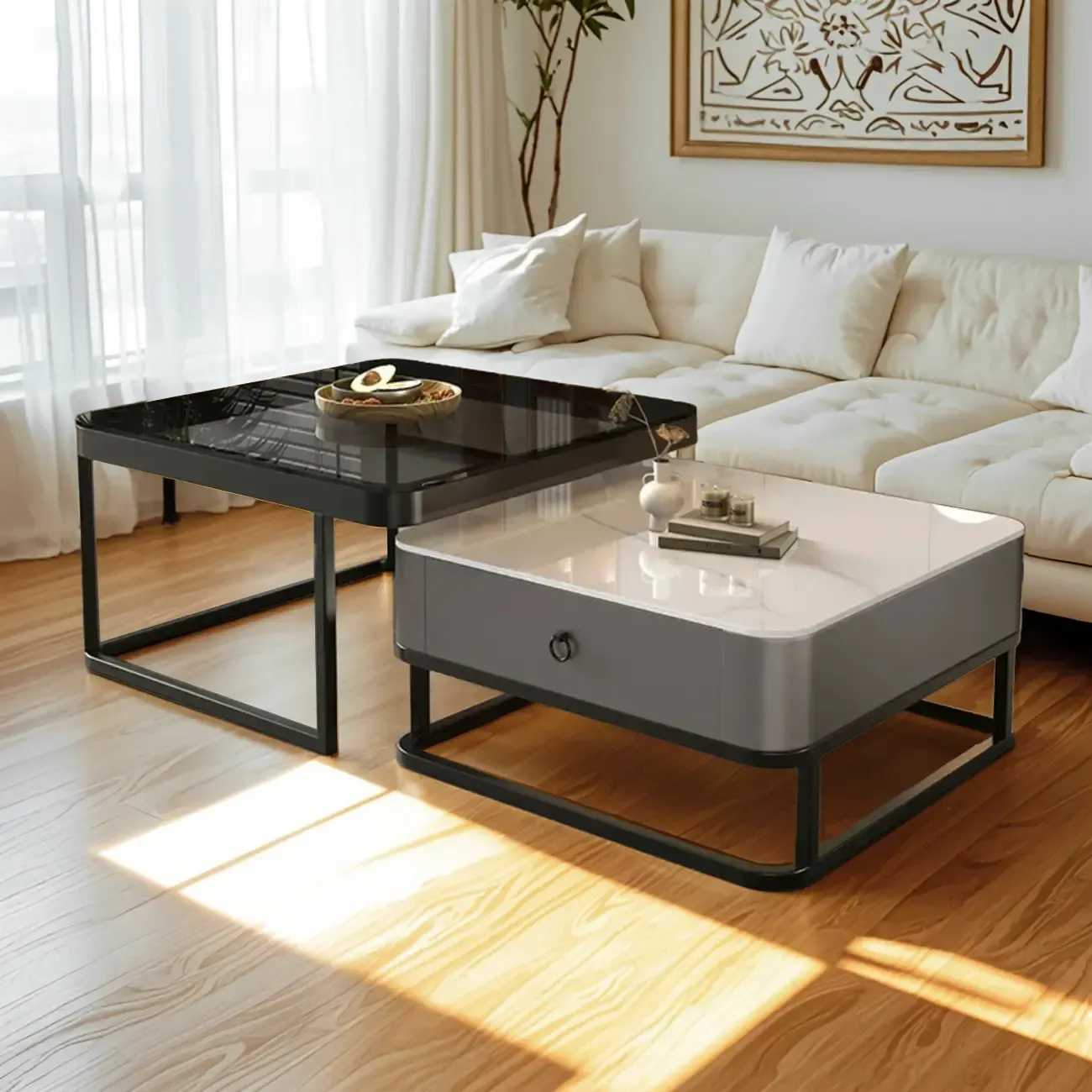 Minimalist Marble Coffee Table with Storage for Living Room Image - 14