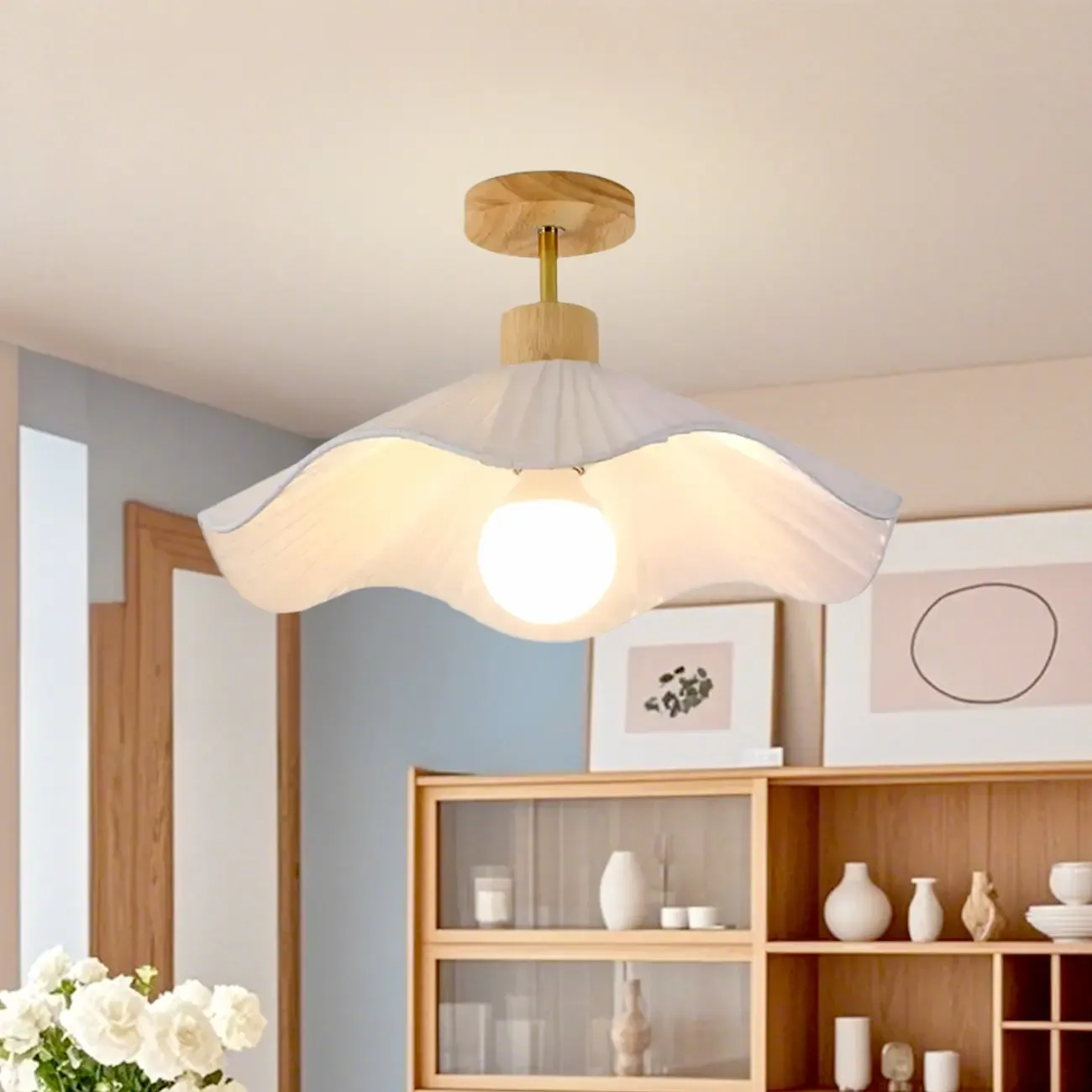 Modern Minimalistic Flush Ceiling Light with Fabric Shade Image - 5